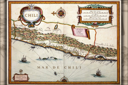 24"x36" Gallery Poster, Map of Chile by Willem Jansz. Blaeu, 1630