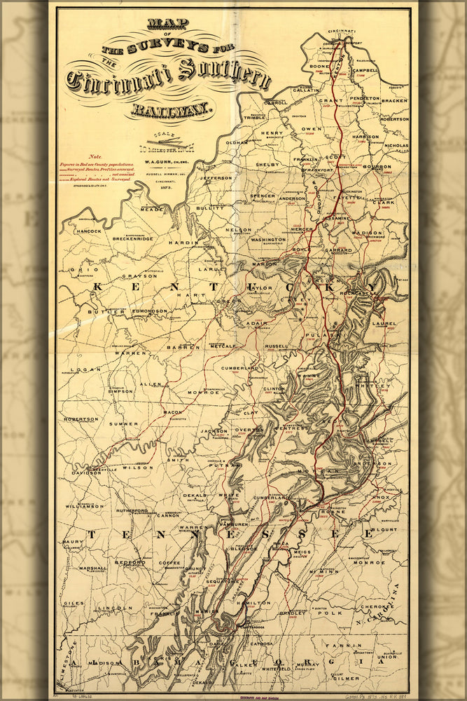 24"x36" Gallery Poster, Map of Cincinnati Railroad kentucky tennesee 1873