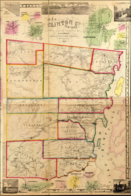 24"x36" Gallery Poster, Map of Clinton Co., New York 1856