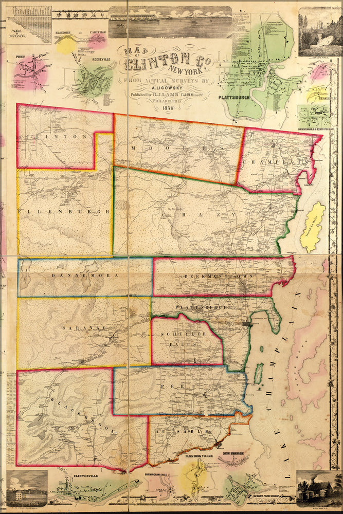 24"x36" Gallery Poster, Map of Clinton Co., New York 1856