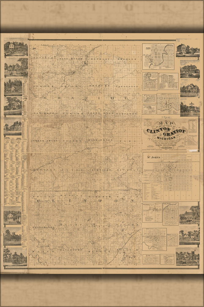 24"x36" Gallery Poster, Map of Clinton co. & Gratiot co. Michigan 1864