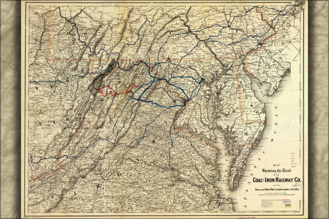 24"x36" Gallery Poster, Map of Coal and Iron Railway Co. railroad 1882
