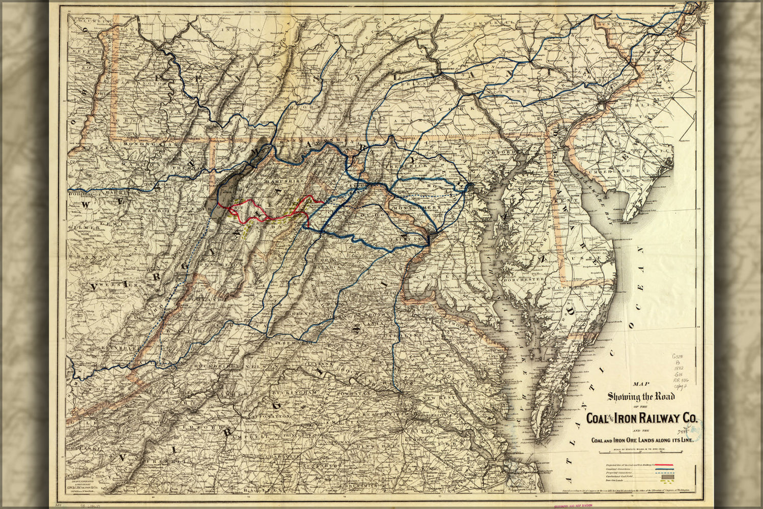 24"x36" Gallery Poster, Map of Coal and Iron Railway Co. railroad 1882
