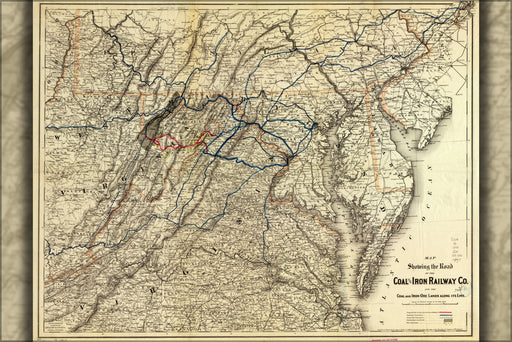 24"x36" Gallery Poster, Map of Coal and Iron Railway Co. railroad 1882