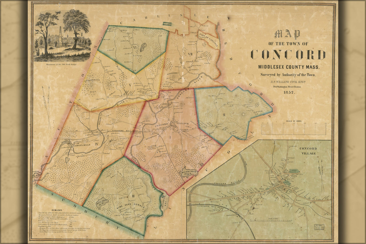 24"x36" Gallery Poster, Map of Concord, Middlesex Co Massachusetts 1852