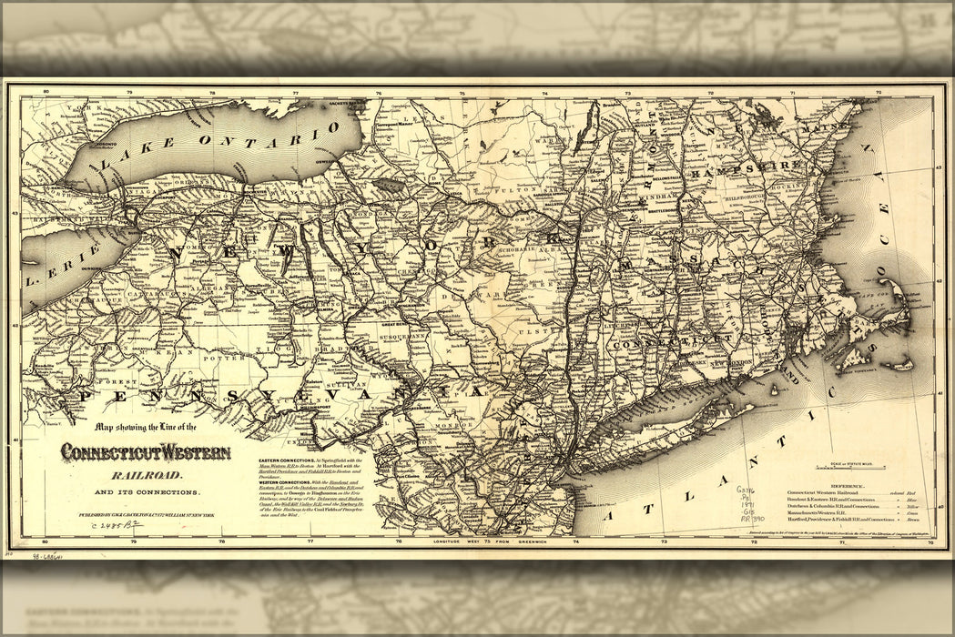 24"x36" Gallery Poster, Map of Connecticut & Western Railroad 1871