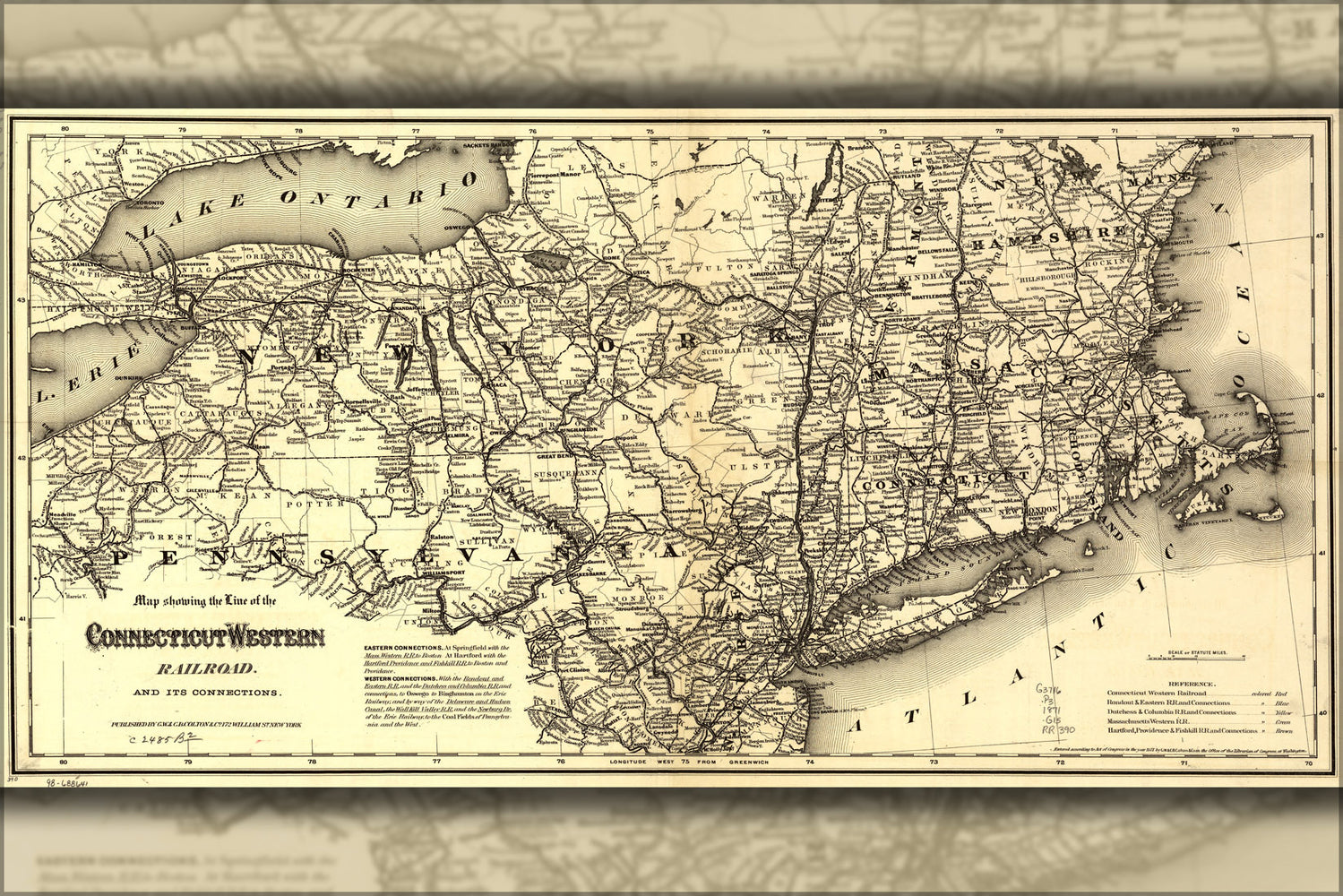 24"x36" Gallery Poster, Map of Connecticut & Western Railroad 1871