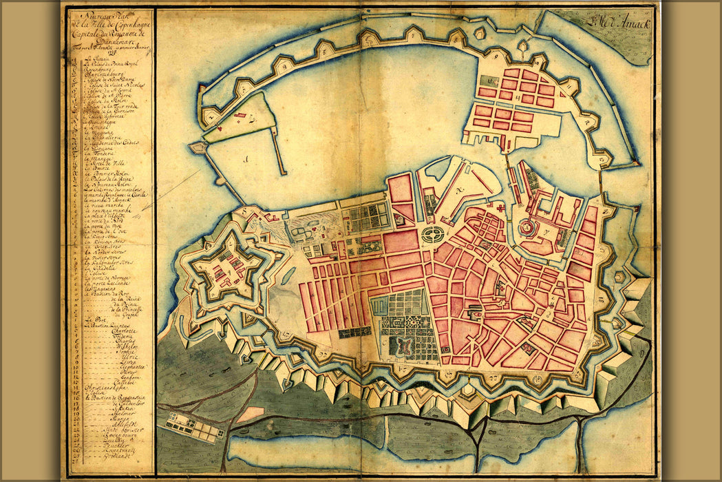 24"x36" Gallery Poster, Map of Copenhagen, Denmark by J. F. Arnoldt, January 1728
