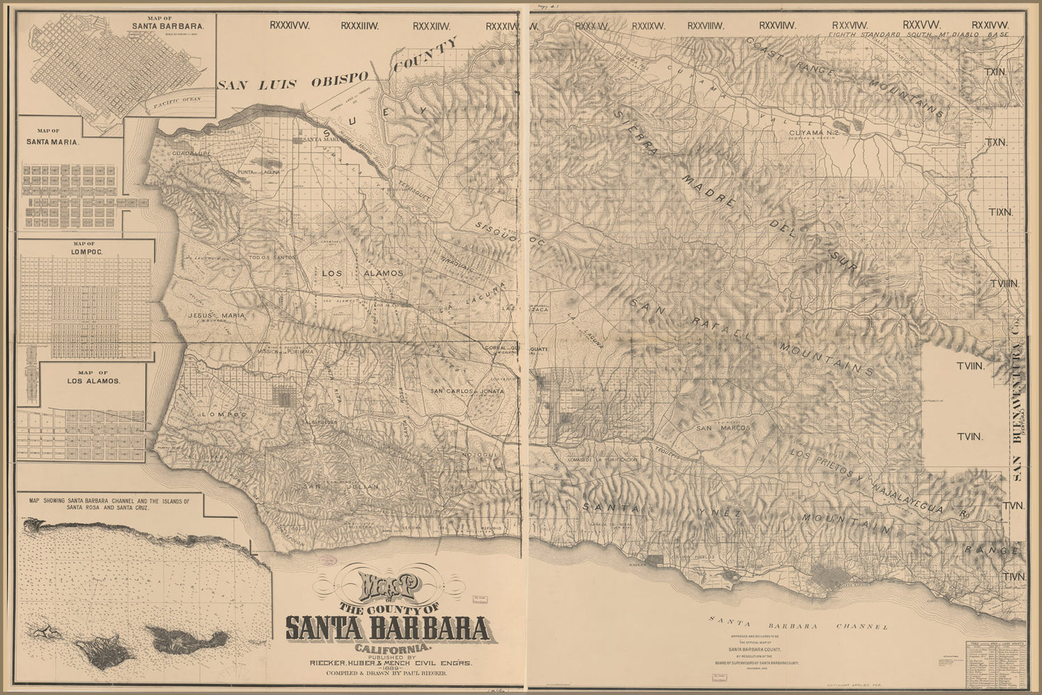 24"x36" Gallery Poster, Map of County of Santa Barbara, California 1889