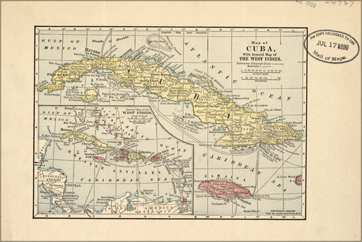 24"x36" Gallery Poster, Map of Cuba & West Indies 1899
