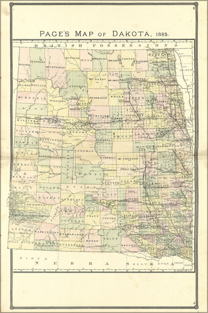 24"x36" Gallery Poster, Map of Dakota, north & south 1885