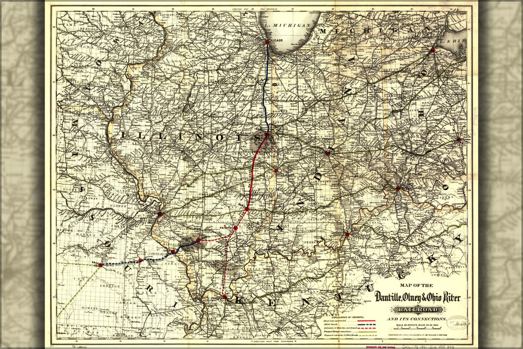 24"x36" Gallery Poster, Map of Danville, Olney & Ohio River Railroad 1881