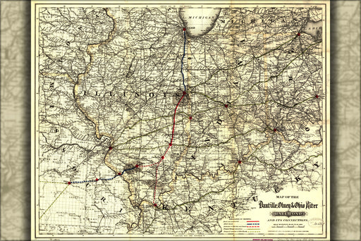 24"x36" Gallery Poster, Map of Danville, Olney & Ohio River Railroad 1881