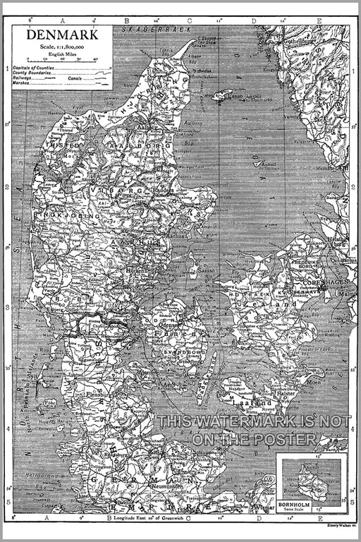 24"x36" Gallery Poster, Map of Denmark 1911