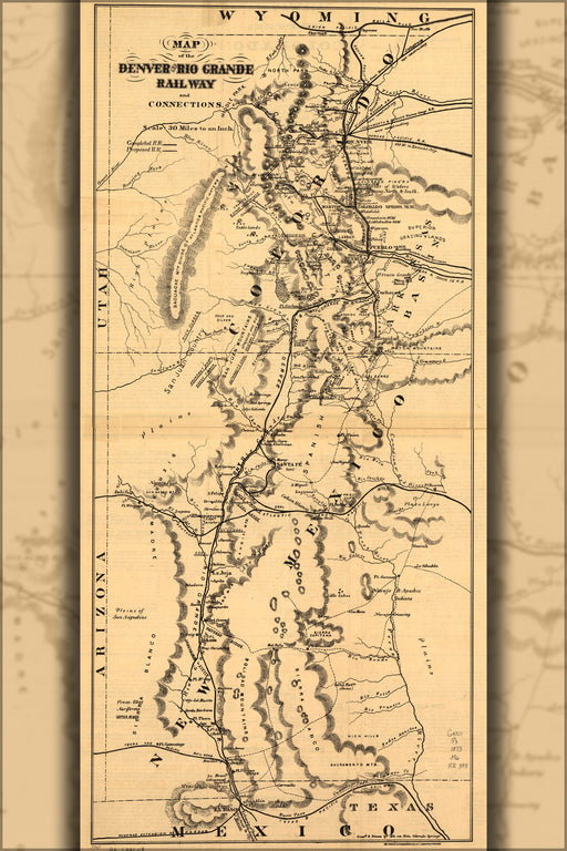 24"x36" Gallery Poster, Map of Denver & Rio Grande Railroad colorado 1873