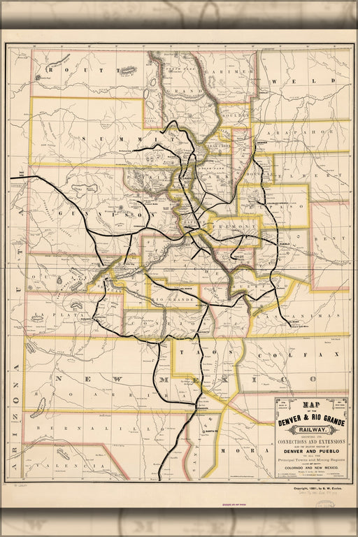24"x36" Gallery Poster, Map of Denver & Rio Grande Railroad colorado 1881