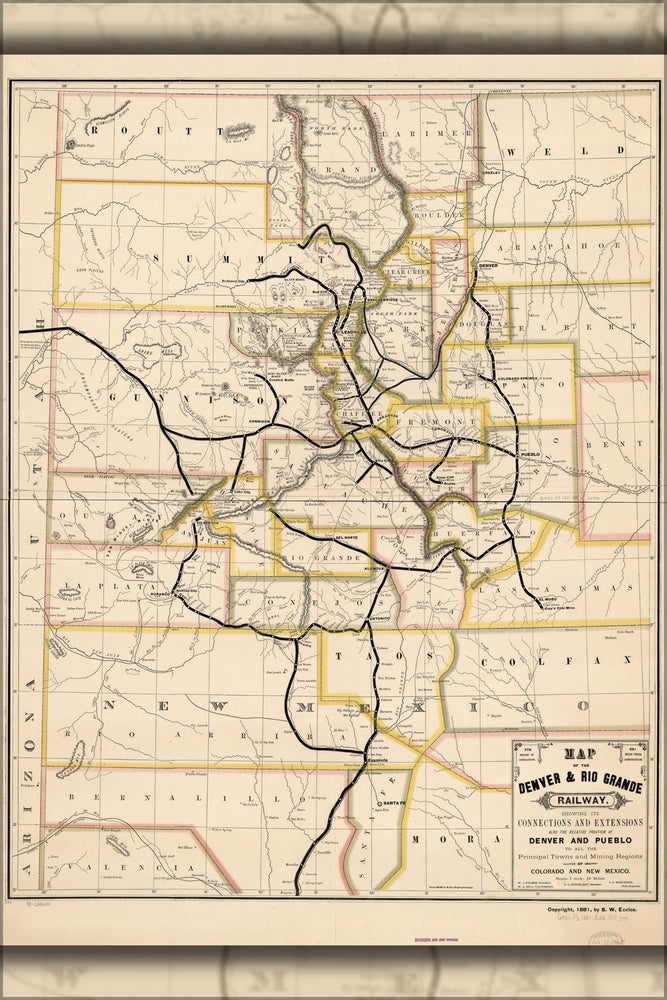 24"x36" Gallery Poster, Map of Denver & Rio Grande Railroad colorado 1881