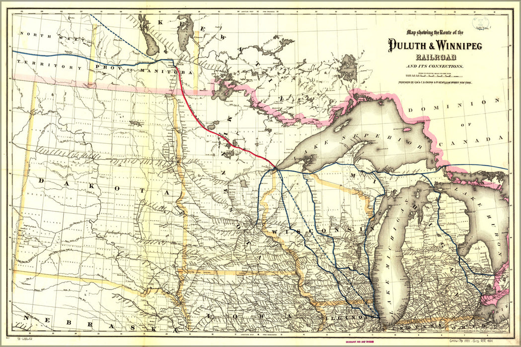 24"x36" Gallery Poster, Map of Duluth & Winnipeg Railroad 1881