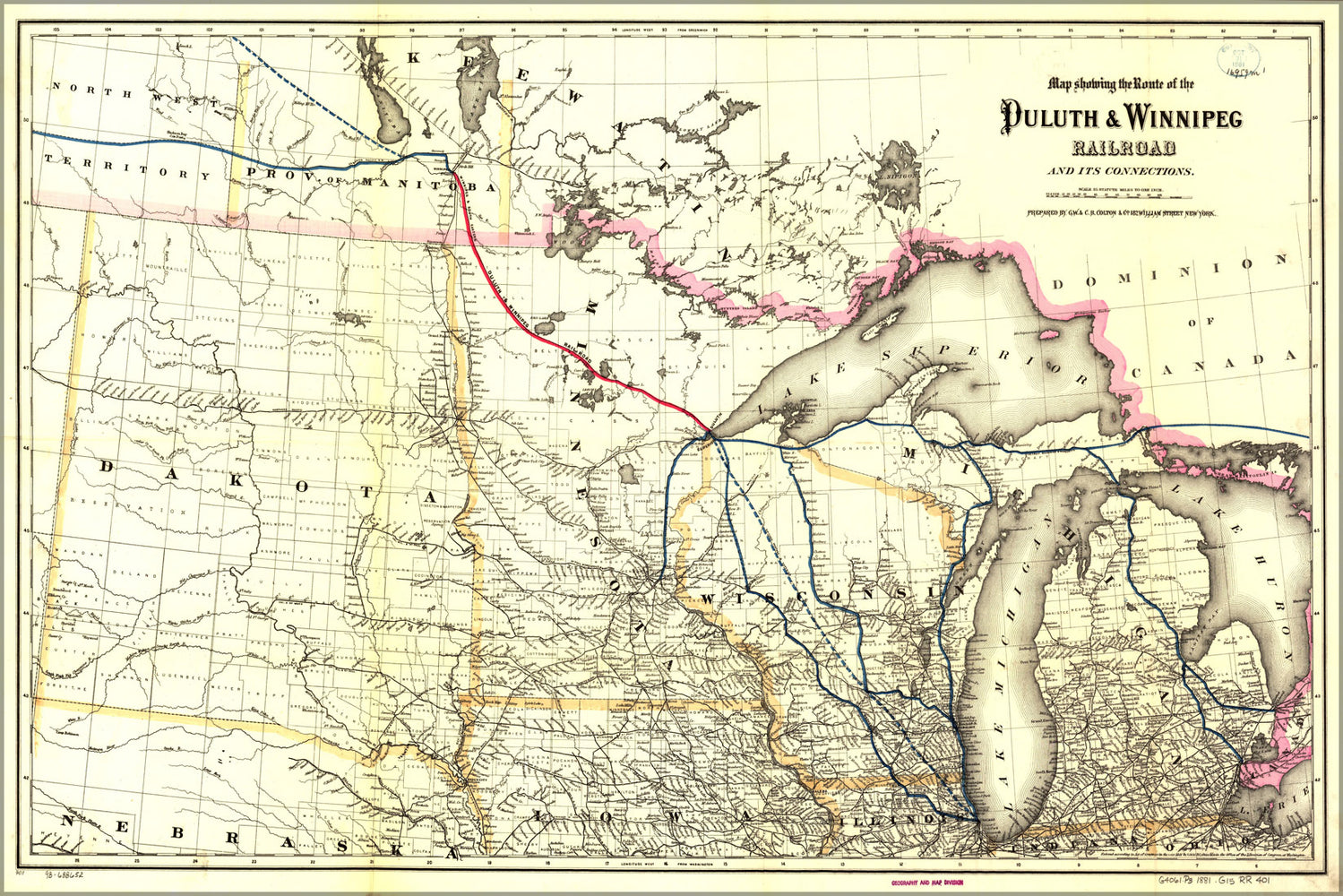 24"x36" Gallery Poster, Map of Duluth & Winnipeg Railroad 1881