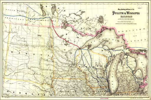 24"x36" Gallery Poster, Map of Duluth & Winnipeg Railroad 1881