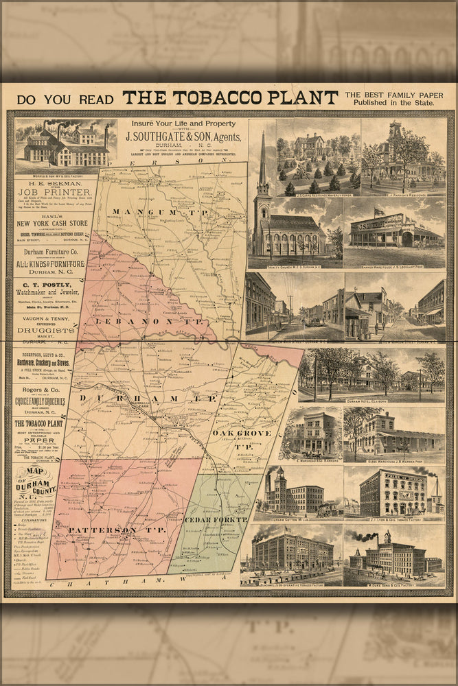 24"x36" Gallery Poster, Map of Durham County, North carolina 1887