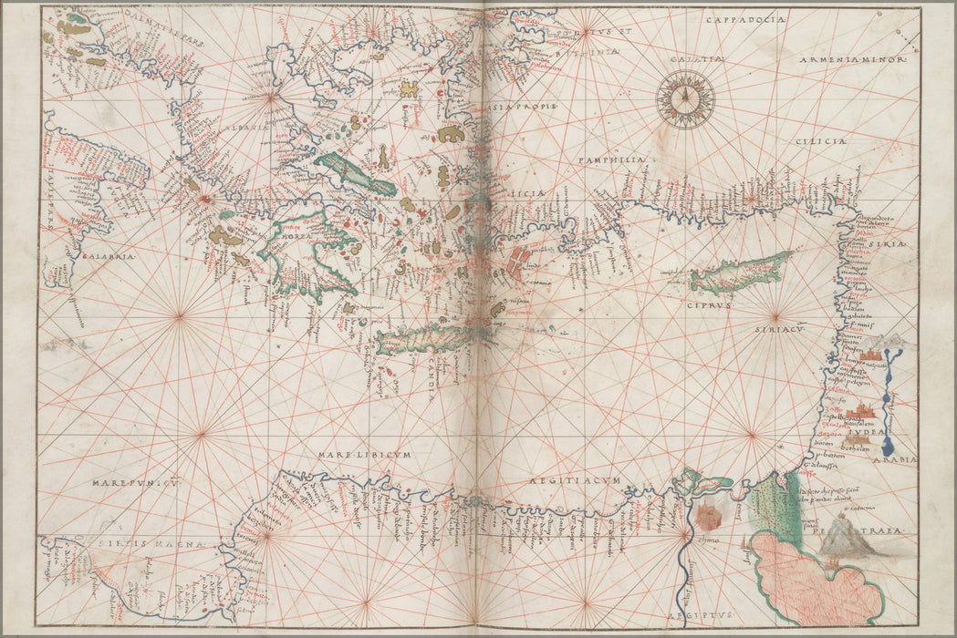 24"x36" Gallery Poster, Map of Eastern Mediterranean and Aegean Sea Greece Crete Egypt Israel. Battista Agnese, PORTOLAN ATLAS (Italy ca