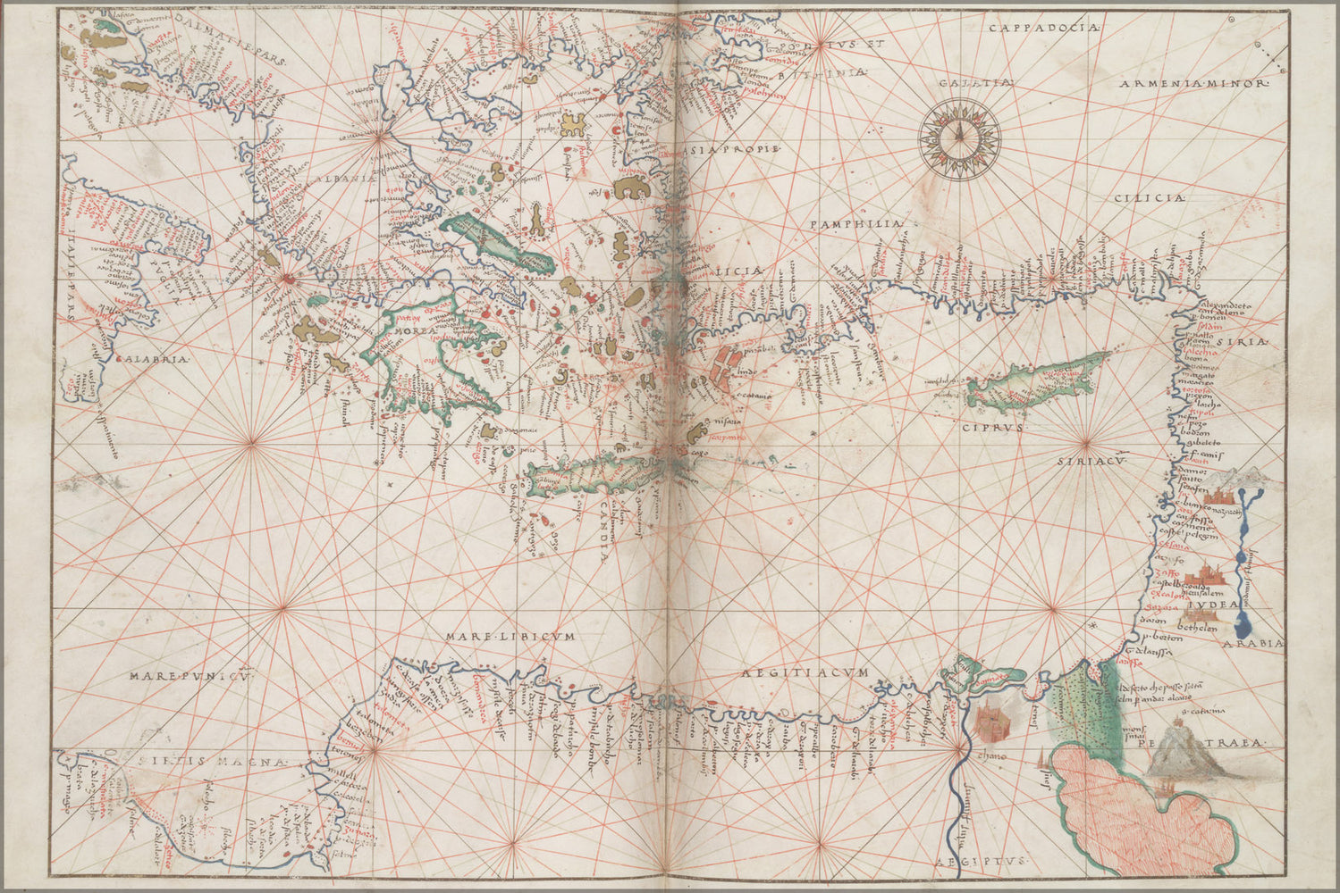 24"x36" Gallery Poster, Map of Eastern Mediterranean and Aegean Sea Greece Crete Egypt Israel. Battista Agnese, PORTOLAN ATLAS (Italy ca