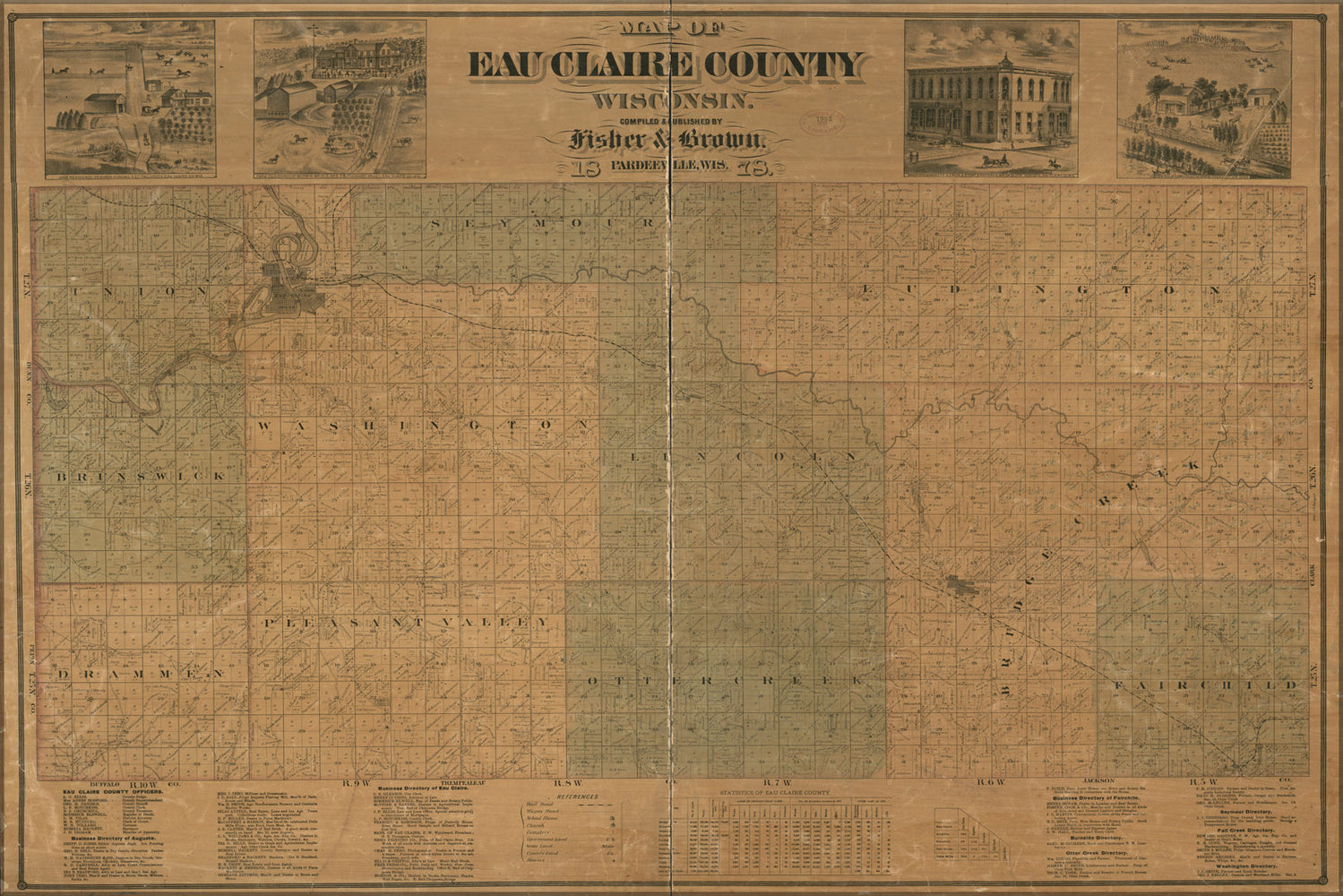 24"x36" Gallery Poster, Map of Eau Claire County, Wisconsin 1878