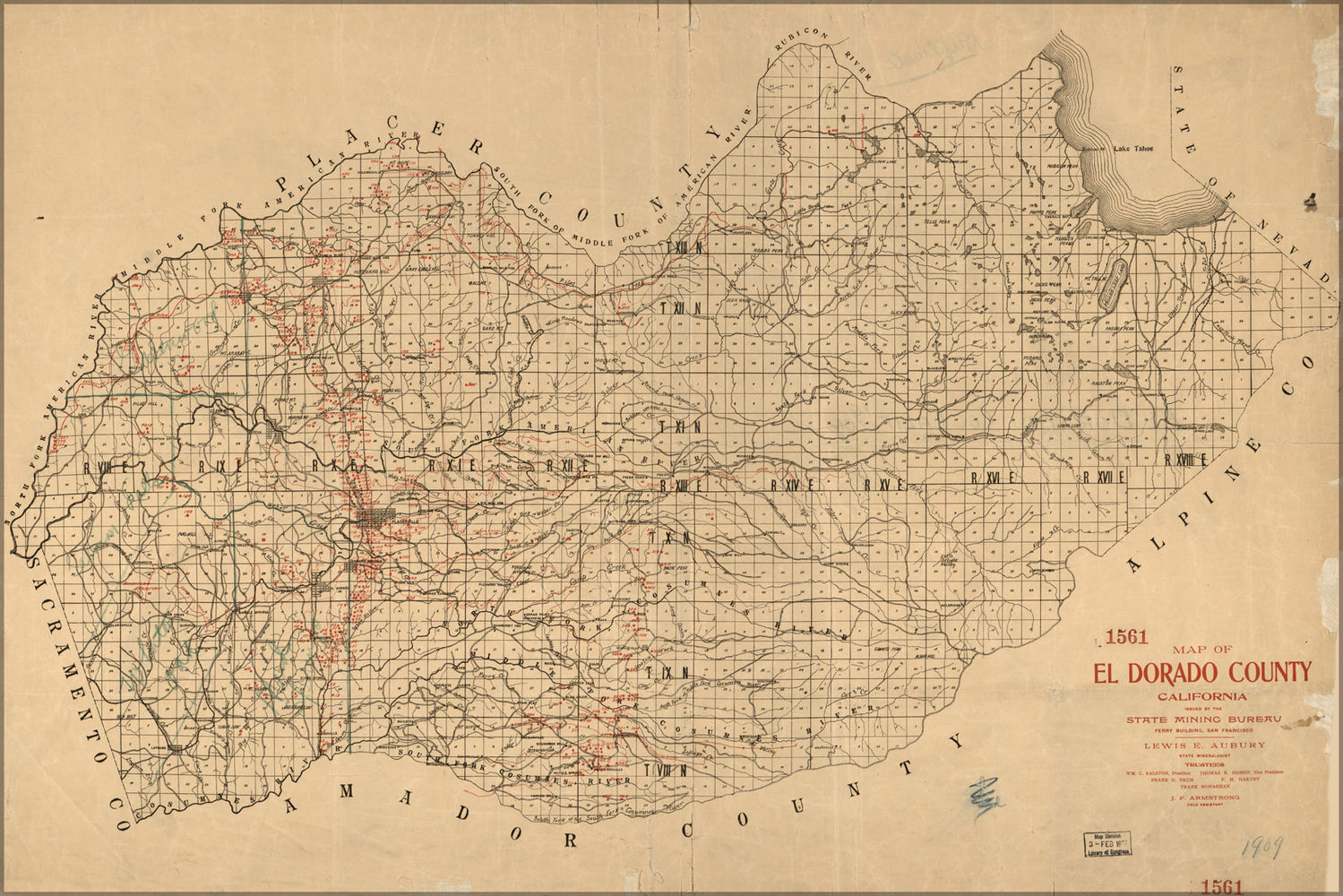 24"x36" Gallery Poster, Map of El Dorado County, California 1909