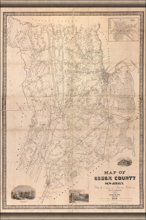 24"x36" Gallery Poster, Map of Essex County, New Jersey 1850