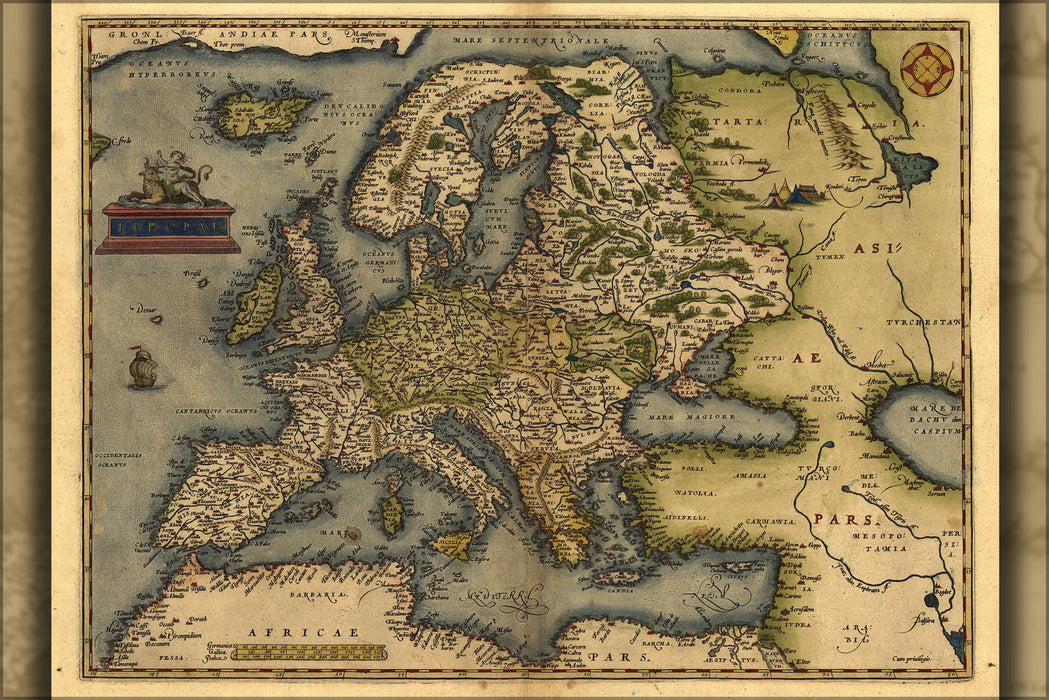 24"x36" Gallery Poster, Map of Europe by Abraham Ortelius 1571
