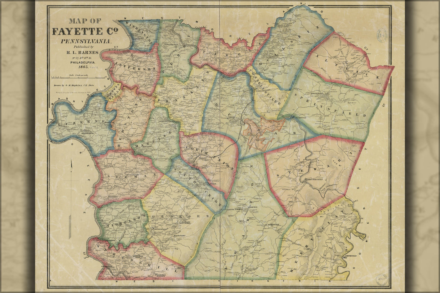 24"x36" Gallery Poster, Map of Fayette Co., Pennsylvania 1865