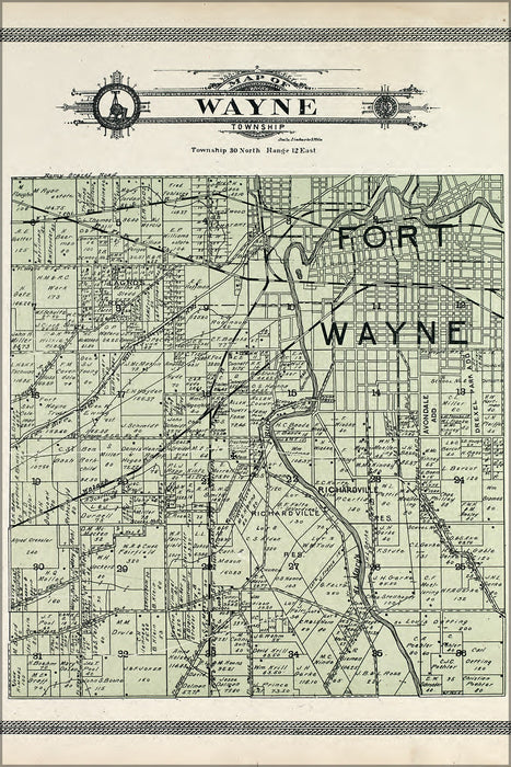 24"x36" Gallery Poster, Map of Fort Wayne Township Indiana 1907