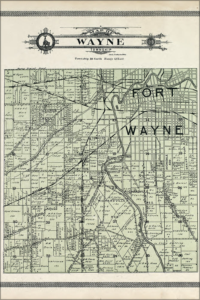 24"x36" Gallery Poster, Map of Fort Wayne Township Indiana 1907