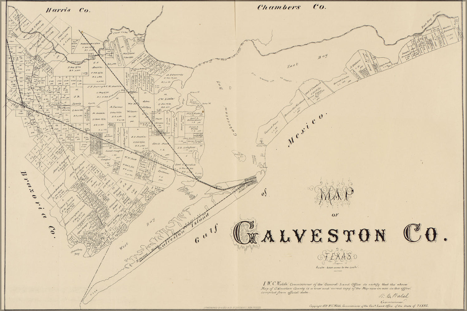 24"x36" Gallery Poster, Map of Galveston Co., Texas 1879