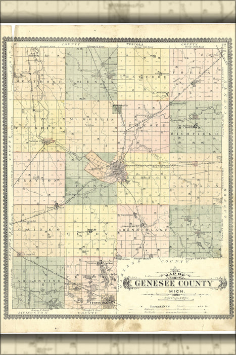 24"x36" Gallery Poster, Map of Genesee County, flint michigan 1889