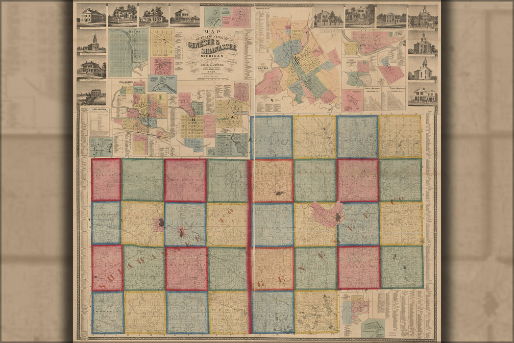 24"x36" Gallery Poster, Map of Genesee & Shiawassee cos. Michigan, 1859