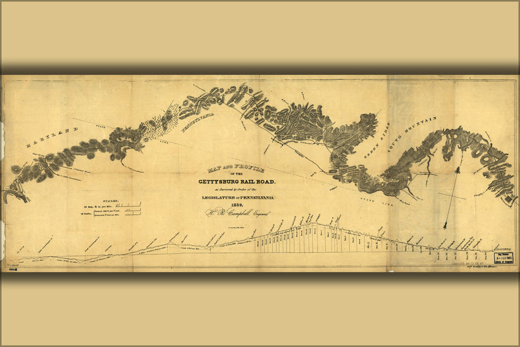 24"x36" Gallery Poster, Map of Gettysburg RailRoad Pennsylvania, 1839