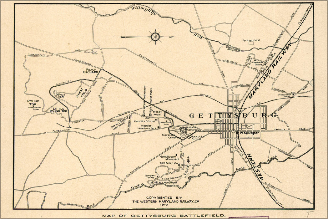 24"x36" Gallery Poster, Map of Gettysburg battle field 1910