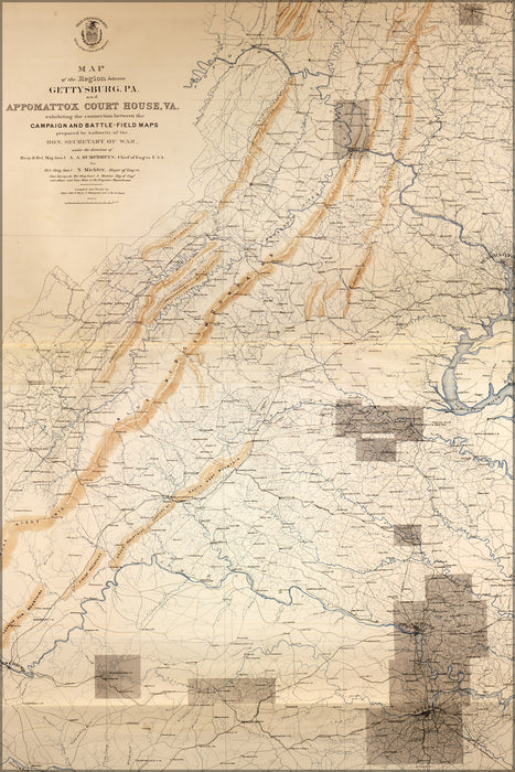 24"x36" Gallery Poster, Map of Gettysburg to Appomattox Court House 1869