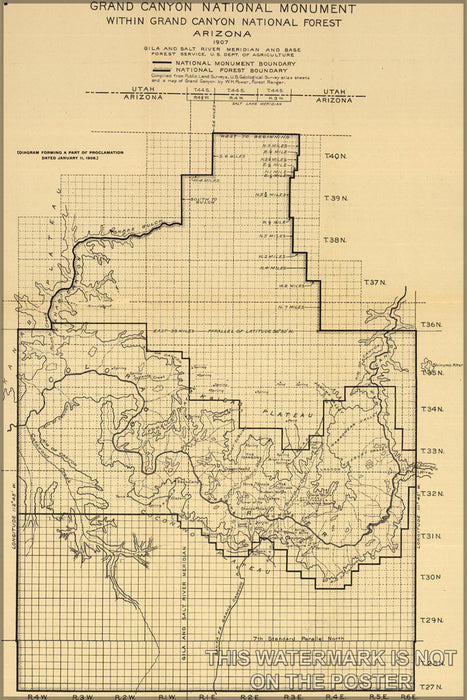 24"x36" Gallery Poster, Map of Grand Canyon National Monument within Grand Canyon National Forest, Arizona. Prepared in 1907 by the Nation