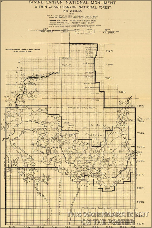 24"x36" Gallery Poster, Map of Grand Canyon National Monument within Grand Canyon National Forest, Arizona. Prepared in 1907 by the Nation