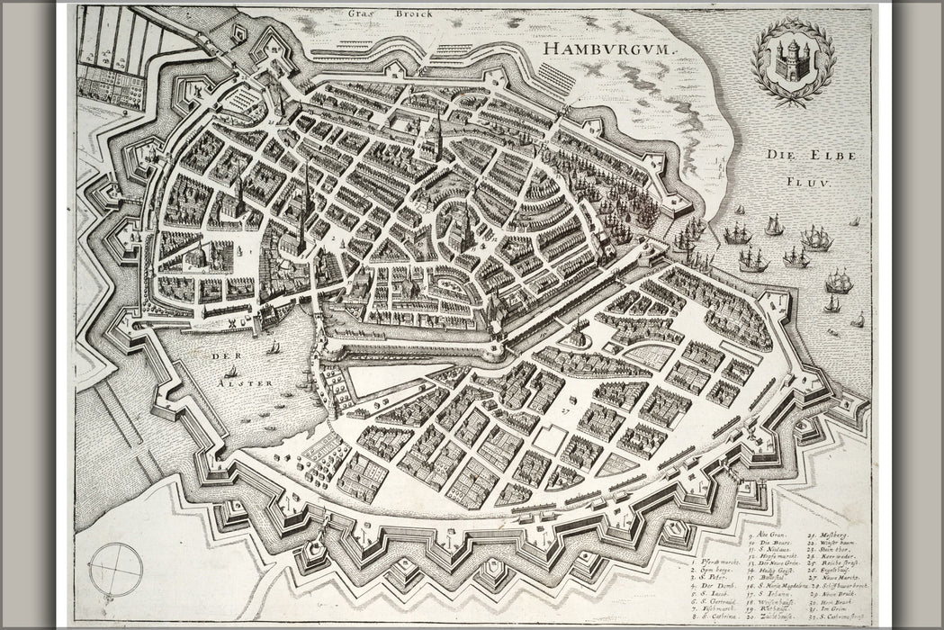 24"x36" Gallery Poster, Map of Hamburg Germany by Wenzeler Hollar 17th Century