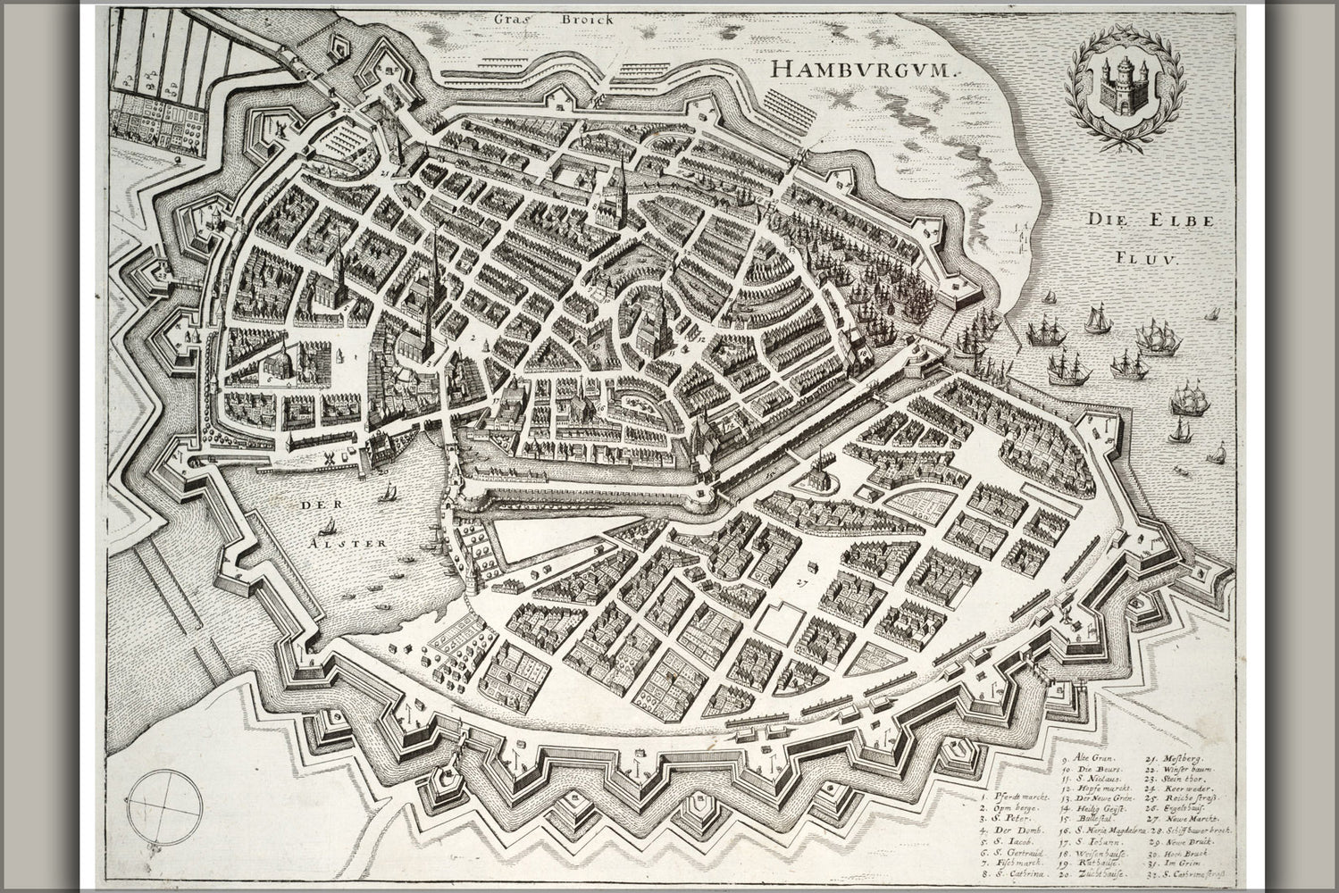 24"x36" Gallery Poster, Map of Hamburg Germany by Wenzeler Hollar 17th Century
