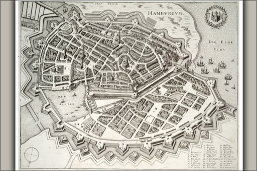 24"x36" Gallery Poster, Map of Hamburg Germany by Wenzeler Hollar 17th Century