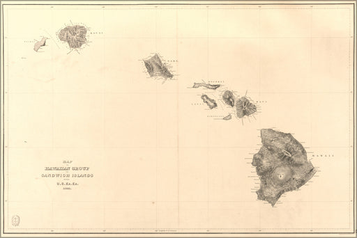 24"x36" Gallery Poster, Map of Hawaii or Sandwich Islands 1841