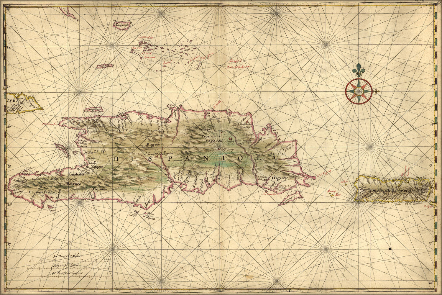 24"x36" Gallery Poster, Map of Hispaniola and Puerto Rico 1639
