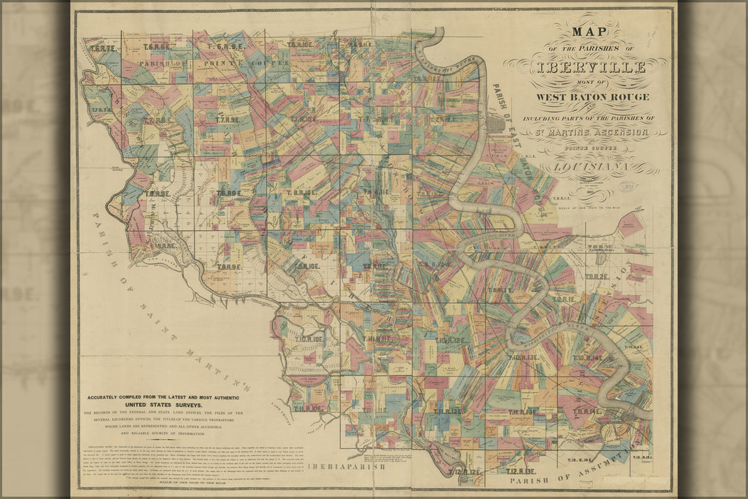 24"x36" Gallery Poster, Map of Iberville West Baton Rouge louisiana 1883