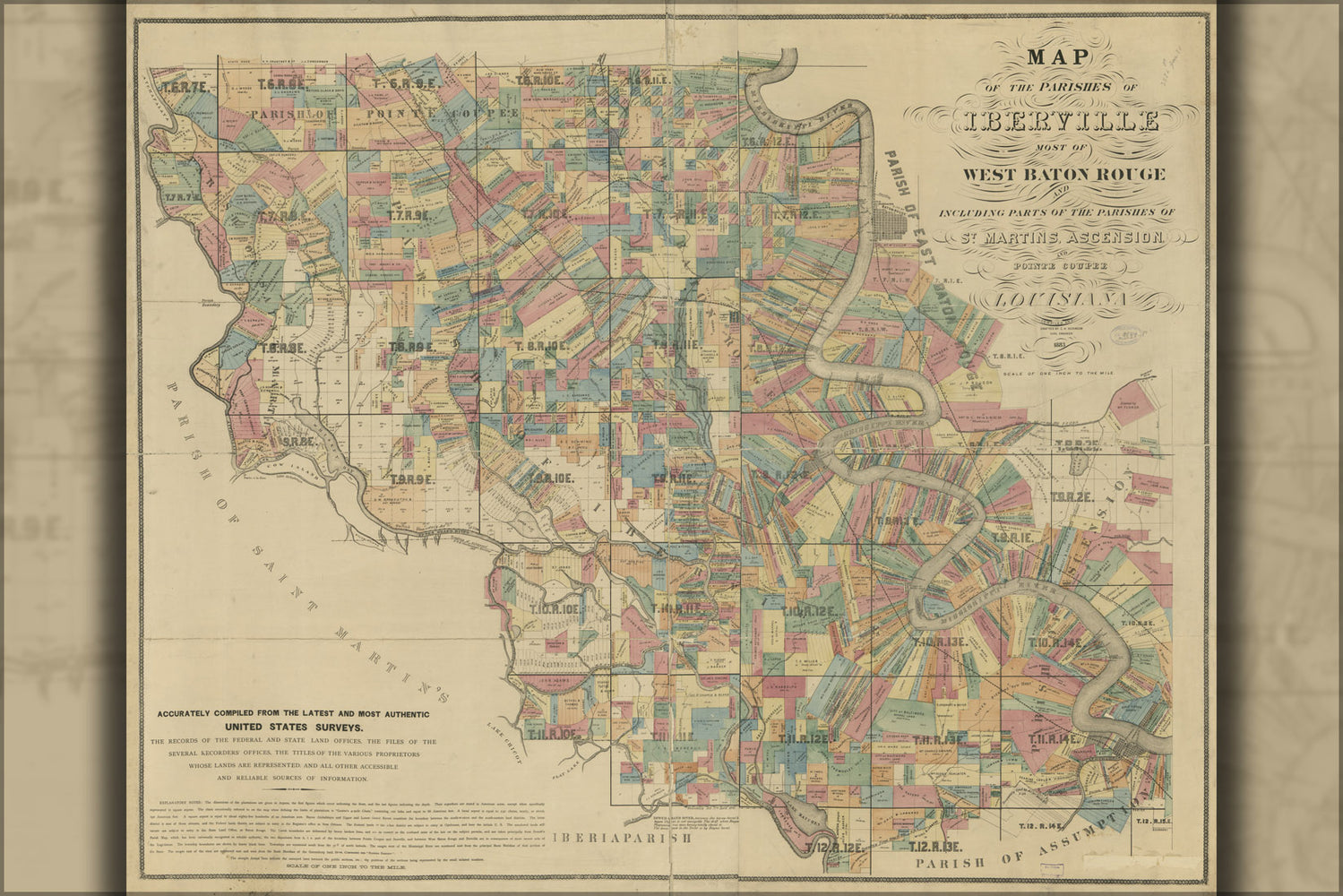 24"x36" Gallery Poster, Map of Iberville West Baton Rouge louisiana 1883