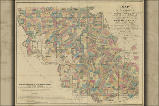 24"x36" Gallery Poster, Map of Iberville West Baton Rouge louisiana 1883
